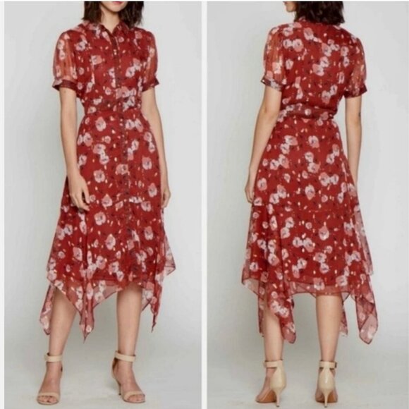 Walter Baker Smith Berry Hibiscus Burgundy Floral Handkerchief Hem Mide Dress S - Picture 3 of 16
